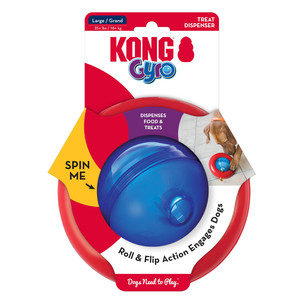 KONG Gyro with roll action invites pets to play and earn treats.