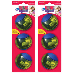 KONG Squeezz Action Ball blue 6-pack, durable fetch toy for active dogs.