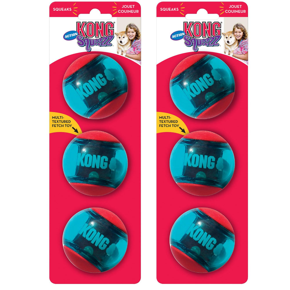 KONG Squeezz Action Ball demonstrates durable rubber for long-lasting fetch sessions.