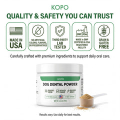 Kopo Dog Dental Powder scoop dispensing over a meal for easy dosing
