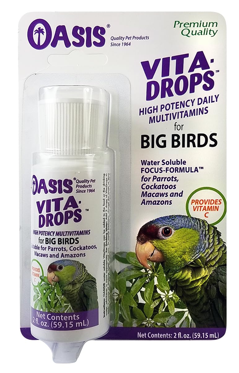 Kordon Oasis Vita Drops for Big Birds bottle showing daily vitamin support for parrots