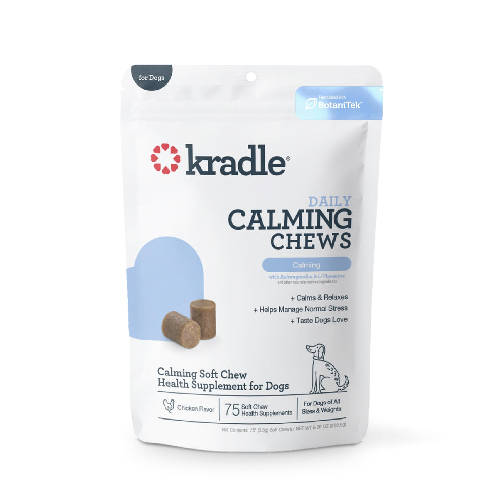 Kradle Calming Chews for dogs bottle front shows vet-formulated calming support