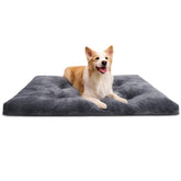 KSIIA dog crate bed with deluxe flannel gray surface for calm, cozy naps.