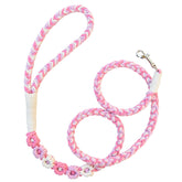 KUDOS handmade braided cotton leash with pink floral handle for comfortable daily walks