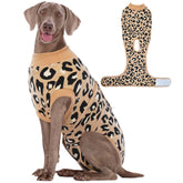 Kuoser dog recovery suit in coffee leopard, front view, comfortable fit.