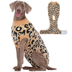 Kuoser dog recovery suit in coffee leopard, front view, comfortable fit.