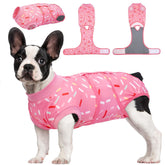 Kuoser dog recovery suit in pink ribbon S worn by a small dog for post-op comfort