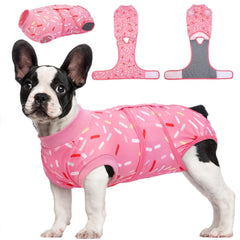 Kuoser dog recovery suit in pink ribbon S worn by a small dog for post-op comfort