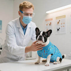 Kuoser recovery suit demonstrates post-op protection for a dog in recovery