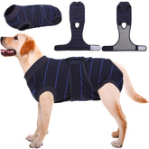Kuoser dog surgery suit blue stripes front view protects wounds.