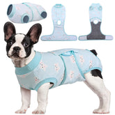 Kuoser Recovery Suit on dog front view, breathable fabric supports comfortable post-surgery wear.