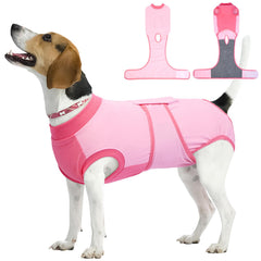 Kuoser recovery suit for dogs in pink with soft fabric for post-surgery comfort.