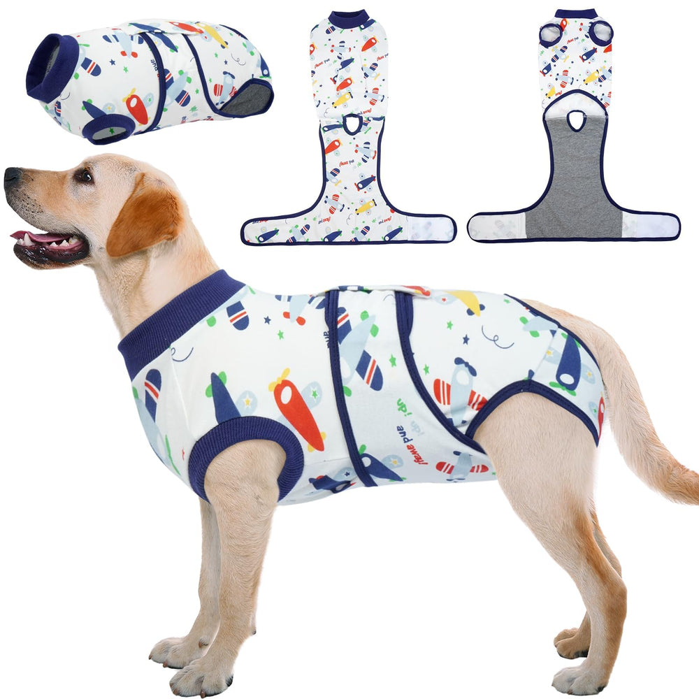 Kuoser Recovery Suit front view on a dog, gentle protection for wounds