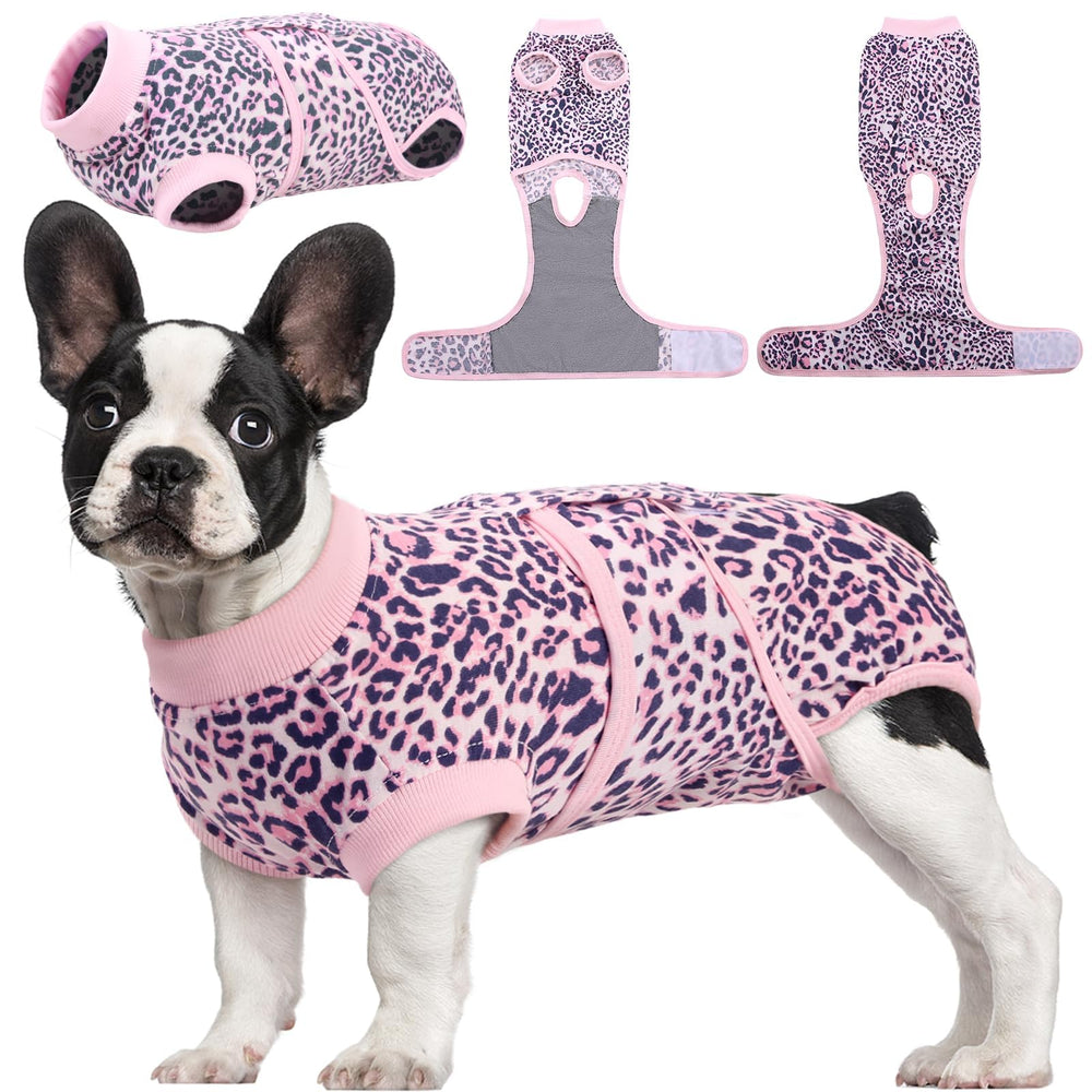 Kuoser pink leopard recovery suit for dogs, front view, supports post-surgery movement