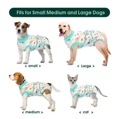Front view of Kuoser recovery suit on a dog highlighting easy-to-secure tapes