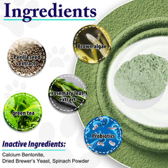 KZUO Dog Dental Powder being sprinkled over food for easy use.