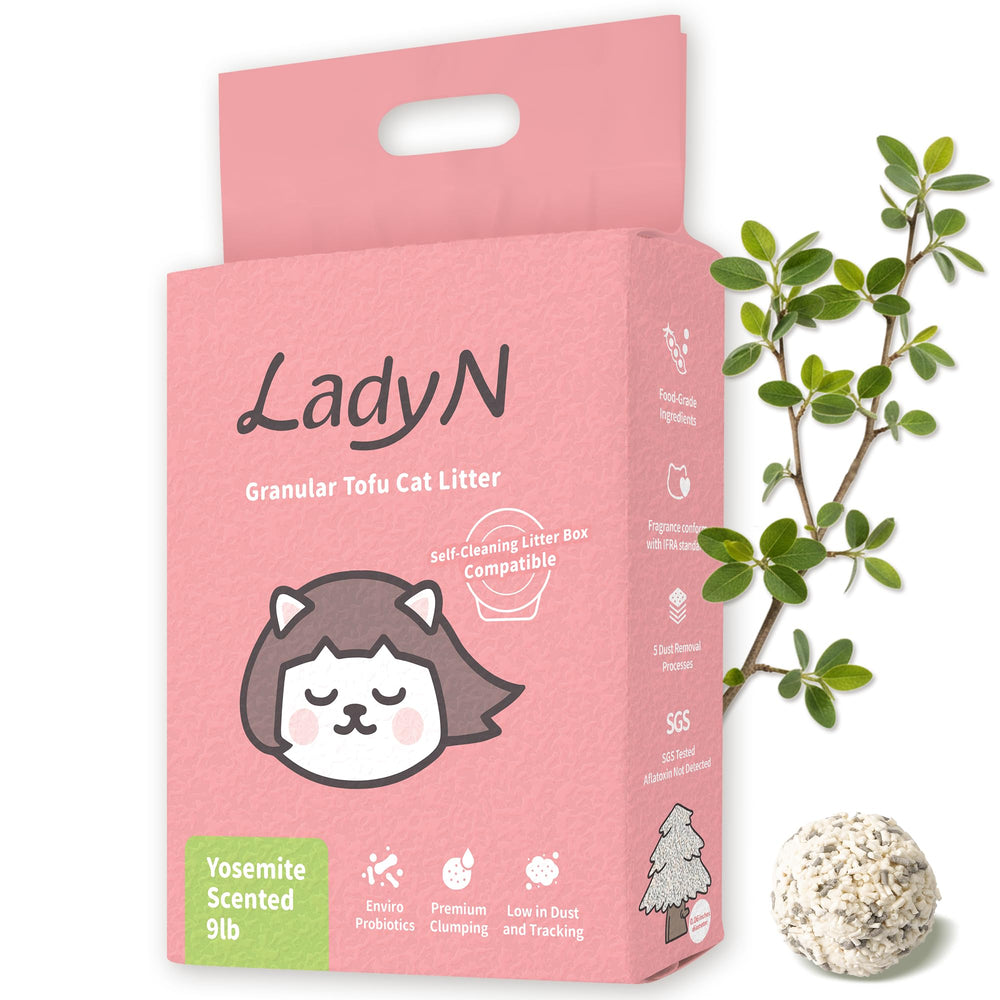 Lady N Granular Tofu Cat Litter Yosemite Scent packaging with eco-friendly mini-pellets for easy cleanup.