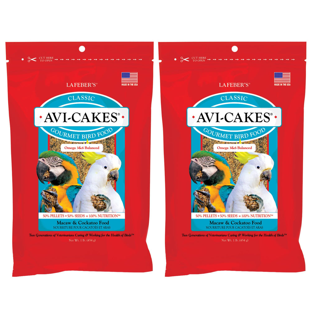 LAFEBER'S Avi-Cakes packaging close-up; two 1 lb packs for macaws' daily enrichment.
