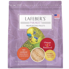 LAFEBER'S premium daily pellets for parakeets in a bowl supporting a complete diet.