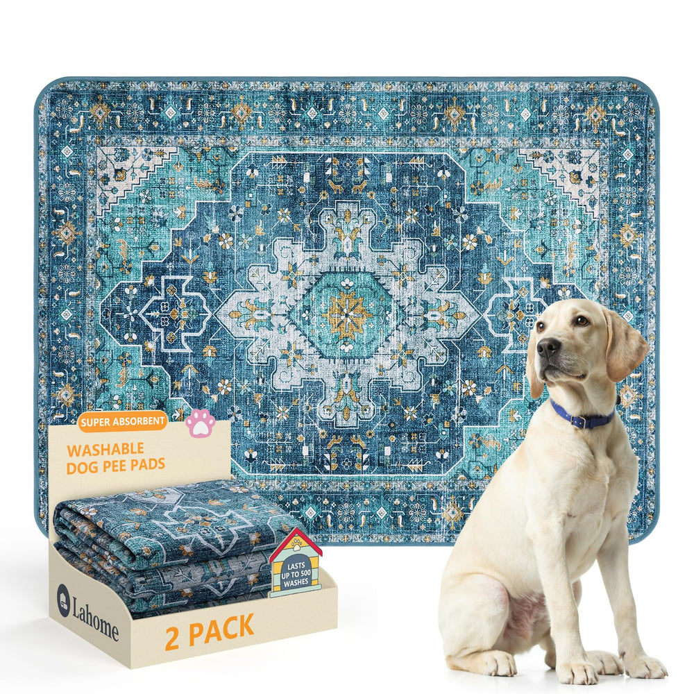 Lahome blue puppy pads two-pack laid flat for quick setup and protection.