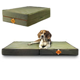 Laifug foldable waterproof dog bed in army green ready for outdoor use.