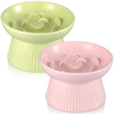 Layhit raised cat bowls green and pink front view promoting a comfortable feeding posture.