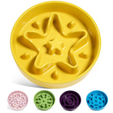 LE TAUCI ceramic slow feeder bowl star yellow, front view with non-slip base for small pets