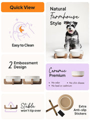 LE TAUCI PET ceramic bowl on wood stand adds farmhouse charm.