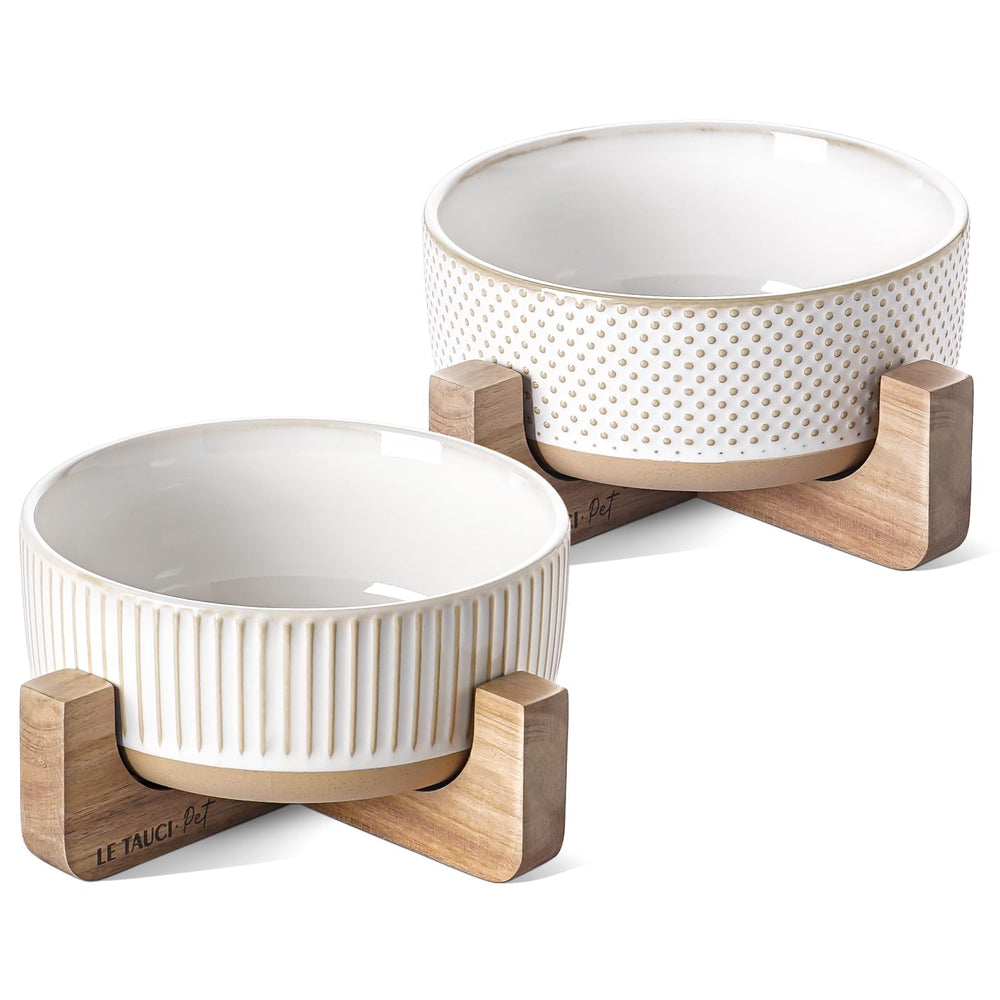 LE TAUCI PET ceramic bowls with wood stand β convenient 2-pack feeding setup.