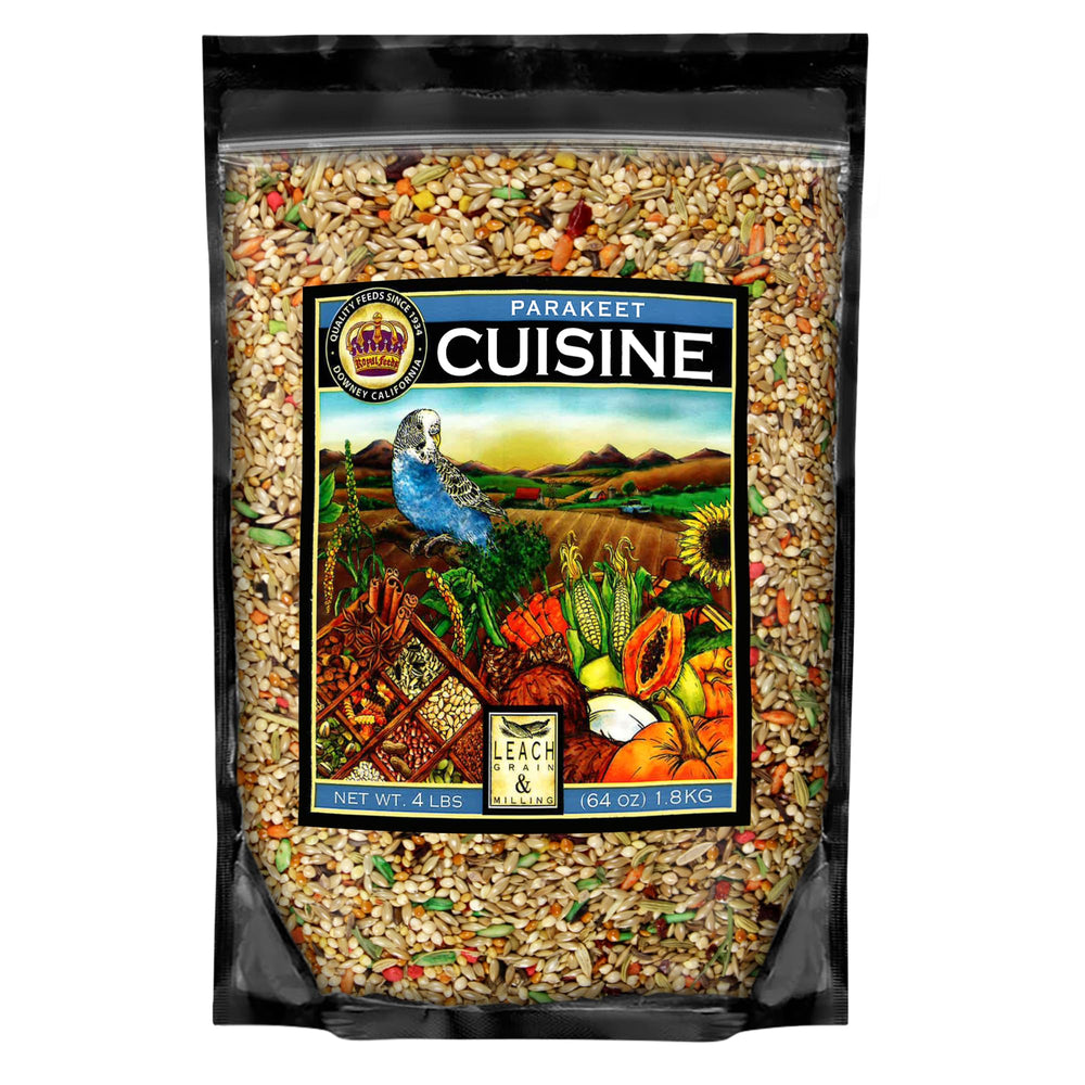 LEACH GRAIN & MILLING CO. Parakeet Cuisine seed-blend bag supports daily energy and nutrition.