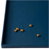 Leash Boss dog food mat navy protects floors from spills under bowls.
