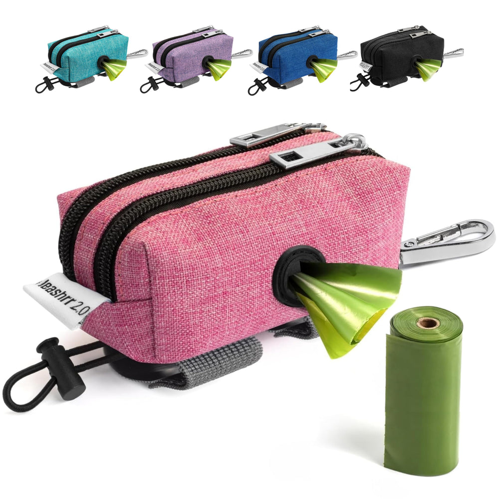 Leashrr 2.0 poop bag dispenser attached to a leash for quick bag access.