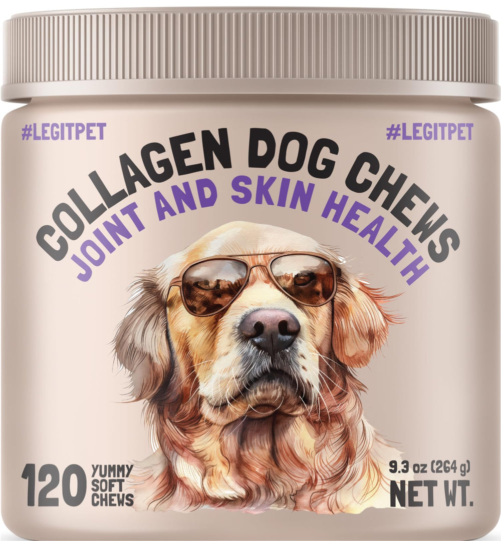 LEGITPET collagen dog chews bottle promotes joint support and skin health benefits.