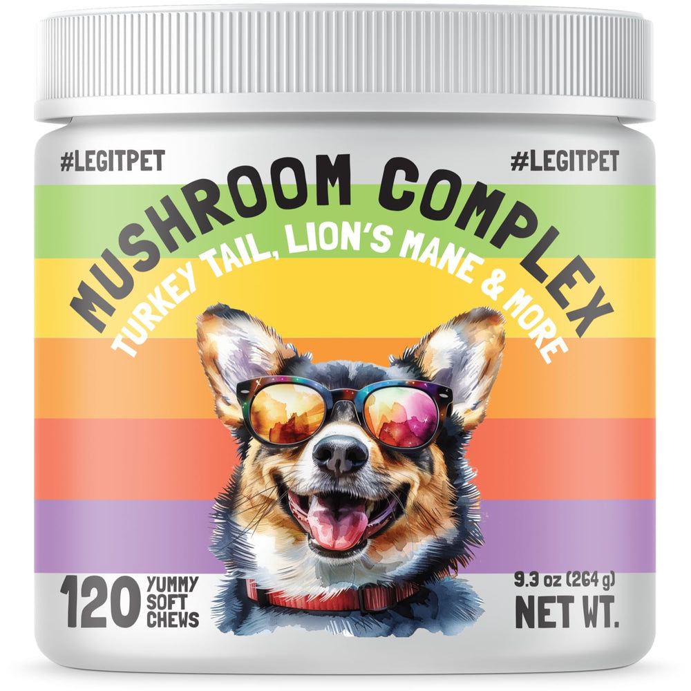 LEGITPET Mushroom Complex bottle of dog treats for daily immune support.