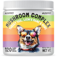 LEGITPET Mushroom Complex bottle of dog treats for daily immune support.