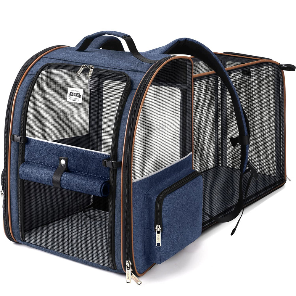 Lekebobor large cat backpack expandable front view with easy pet entry.