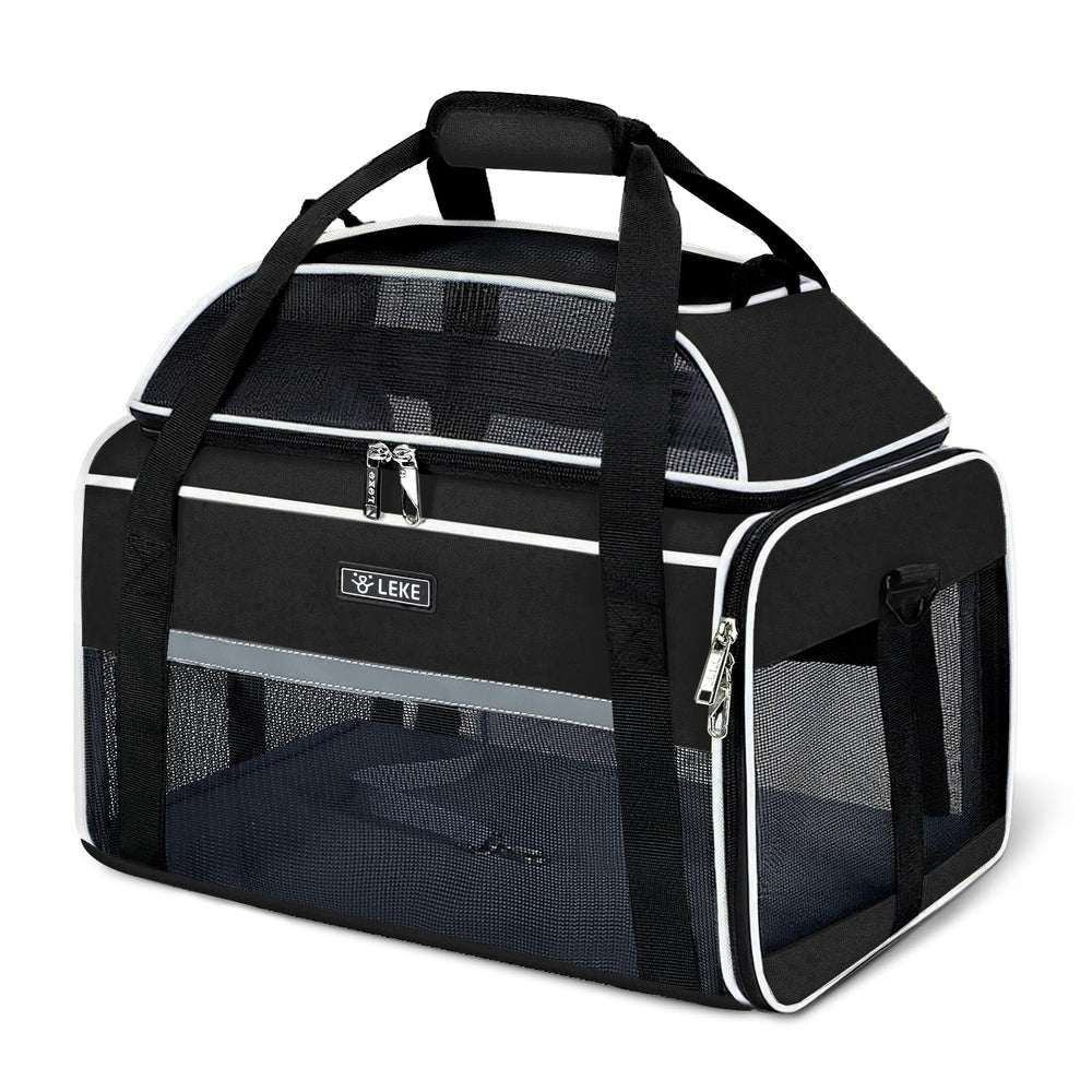 Lekereise top-expandable carrier underseat design fits under airplane seats for travel.