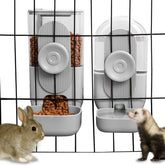Lemtrflo hanging rabbit feeder mounted on a cage, space-saving dining for small pets.