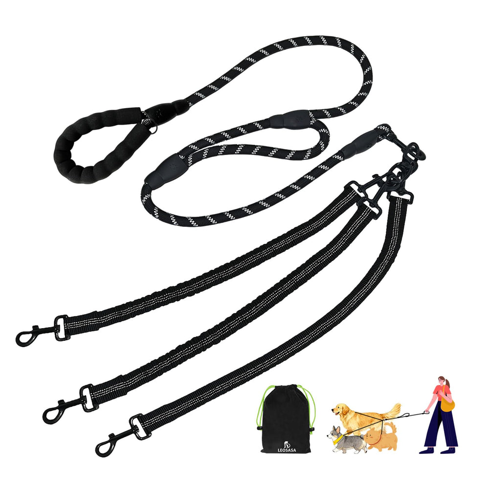 LEOSASA No Tangle Leash with 360° swivel keeps three dogs walking smoothly.