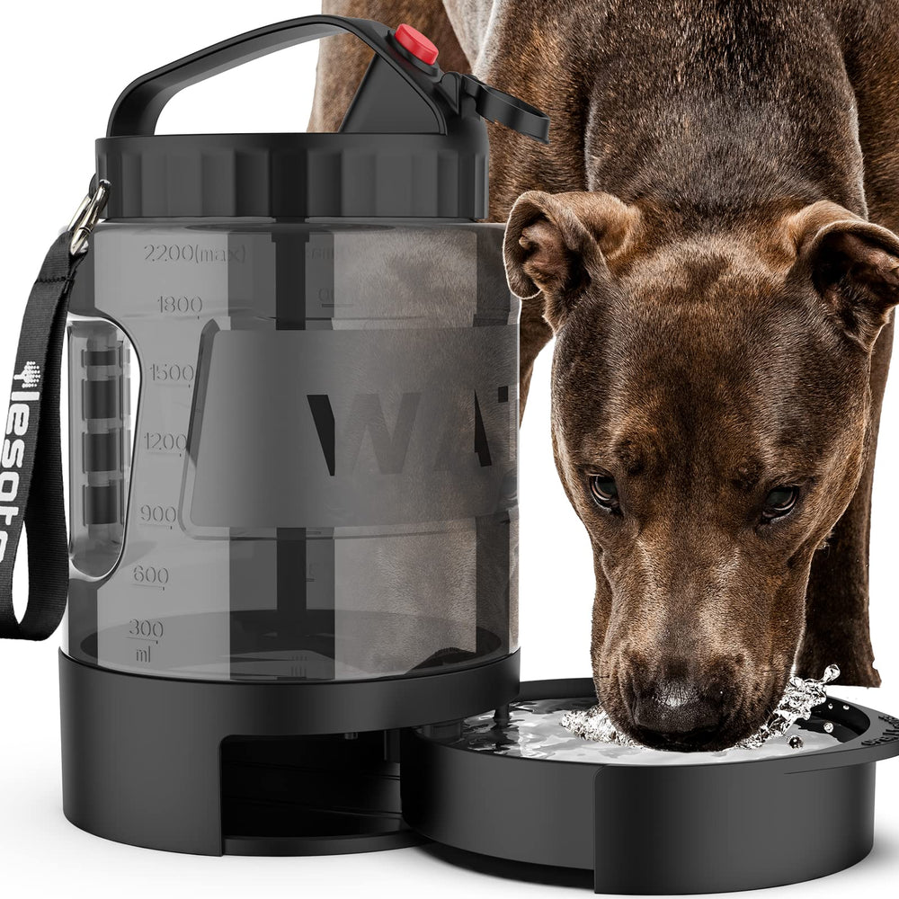 Lesotc 77oz portable dog travel water bottle shows its large capacity for long hikes.