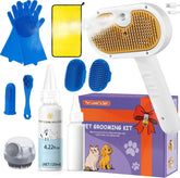 LetsFeed pet steam brush in action on a dog, showing gentle mist grooming.