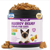 LHQR 500 Cat Allergy Relief Chews bottle shows packaging for easy daily use.