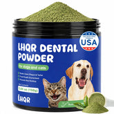 LHQR dog dental powder jar closeup for clearer teeth and fresher breath
