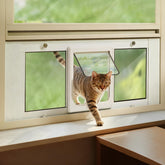 LIBBEPET window cat door frame close-up highlighting durable aluminum and clear visibility.