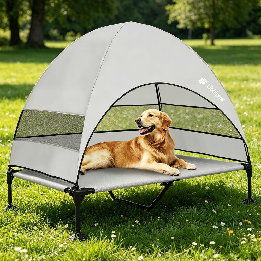 Libbipaw windproof elevated dog bed canopy blocks UV for sunny days