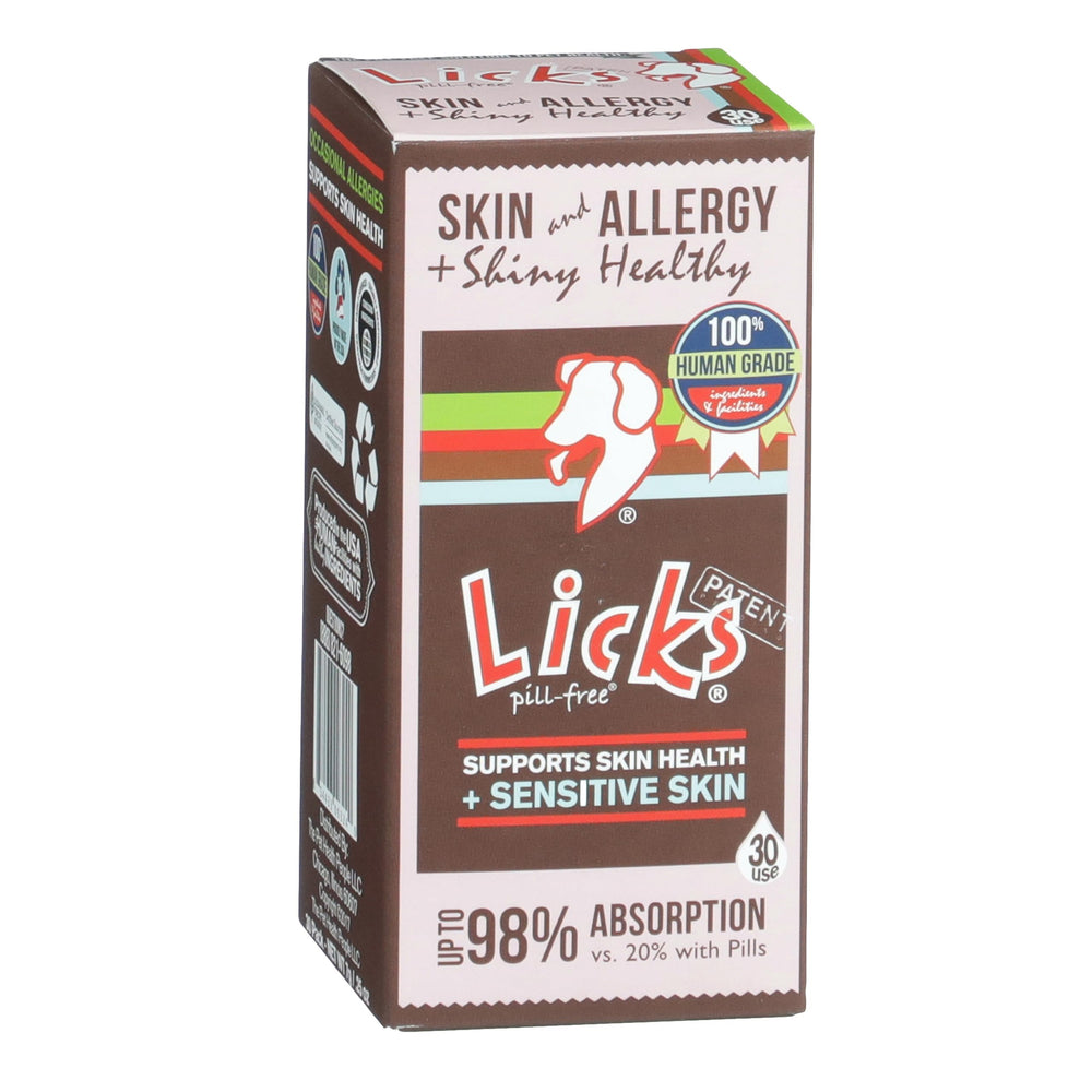 Licks Skin Allergy Gel bottle close-up for dogs, easy daily application