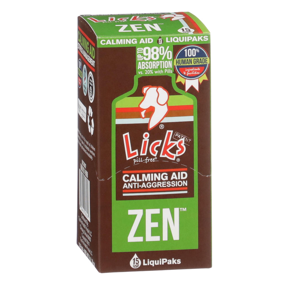 Licks Zen Calming Aid gel packet beside a calm dog after car travel for stress support.