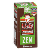 Licks Zen Calming Aid gel packet beside a calm dog after car travel for stress support.