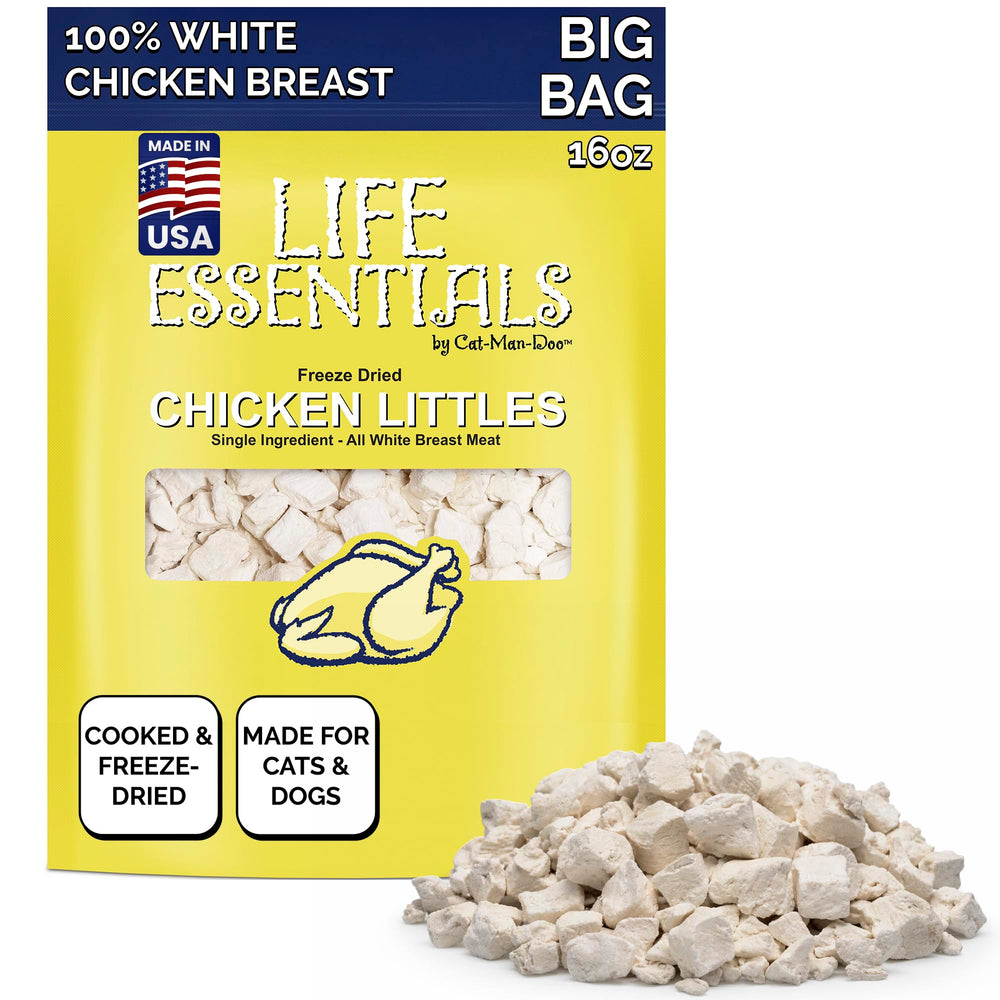 Life Essentials by Cat-Man-Doo Chicken Littles 16oz bag: crisp freeze-dried chicken bites for rewards.