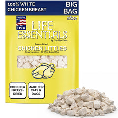 Life Essentials by Cat-Man-Doo Chicken Littles 16oz bag: crisp freeze-dried chicken bites for rewards.